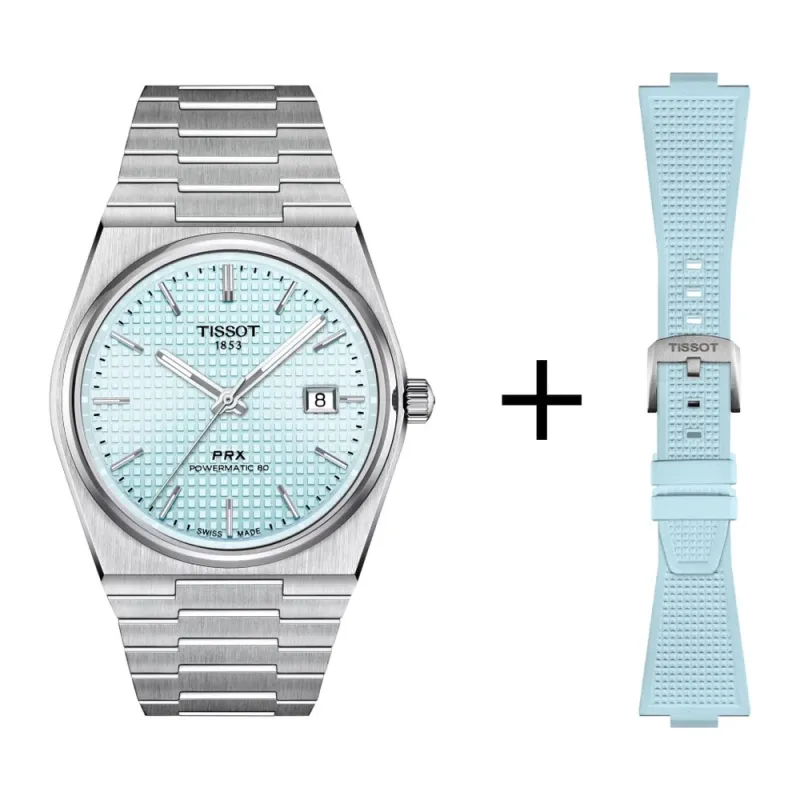 Tissot PRX Powermatic 80 Hellblau Ice Blue Herrenuhr T137.407.11.351.00 Set Kautschuk hellblau